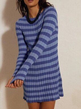 Free People Blue Striped Rib-Knit Long Sleeve Dress